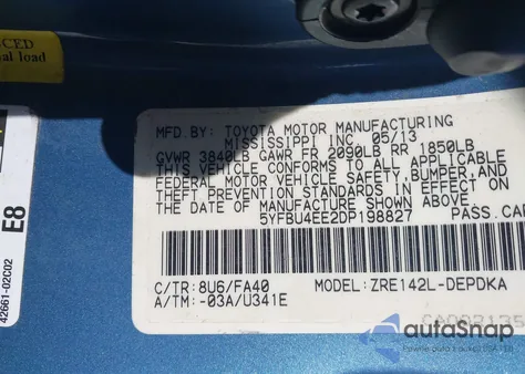 2013 Toyota Corolla L from USA, damaged, VIN 5YFBU4EE2DP198827